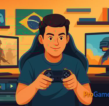 Gamer brasileiro jogando em setup moderno com bandeira do Brasil