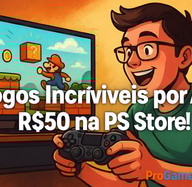 Jogador feliz aproveita jogos baratos da PS Store em estilo cartoon.