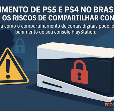 PS5 bloqueado com cadeado vermelho e ícone de alerta amarelo simbolizando banimento