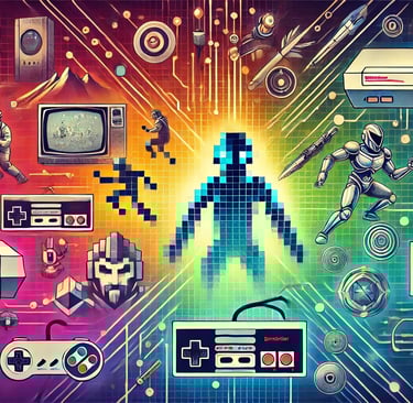 Colagem estilizada com personagens pixelados, consoles modernos e grid digital, simbolizando o legad