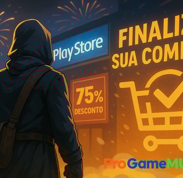 Figura encapuzada diante de letreiro “Finalize sua compra” com 75% de desconto.