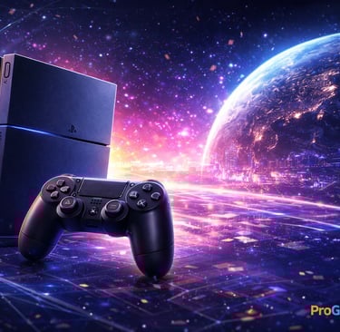 Console e controle com planeta ao fundo simbolizando legado global do PS4
