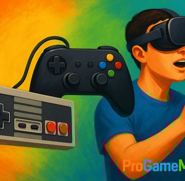 Controles clássico, moderno e headset VR conectados por luz colorida representando a evolução dos vi