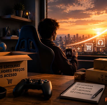Jogador observa cidade ao pôr do sol com caixas, controle e ícones de compras gamer.