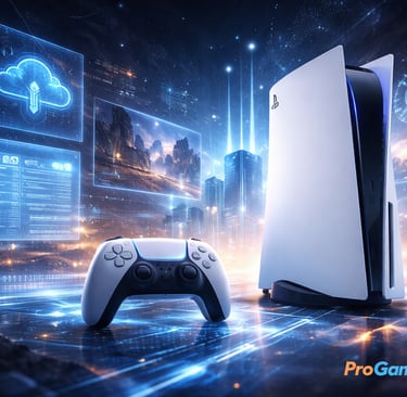 Console futurista simboliza armazenamento inteligente e IA no PlayStation.
