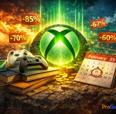 Logotipo Xbox com livros, descontos e calendário marcando 25 de fevereiro