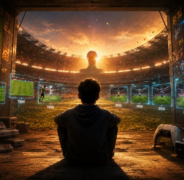 Jogador observa a evolução dos games da Copa diante de um estádio iluminado.
