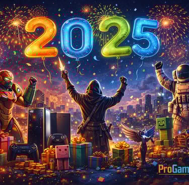 Ilustração comemorativa do encerramento de 2025 no mundo gamer, com personagens e fogos de artifício