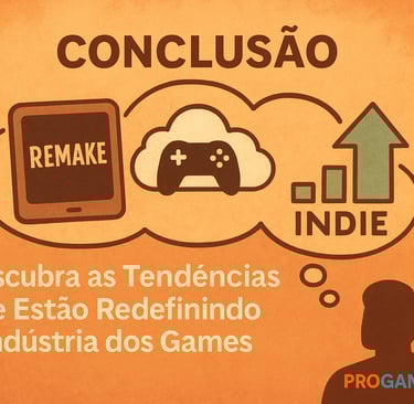 Ícones de remake, nuvem e indie em balão de pensamento sobre tendências gamer.