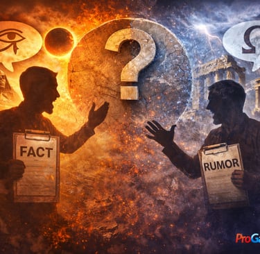 Silhuetas debatendo fato e rumor com cenários egípcio e grego.