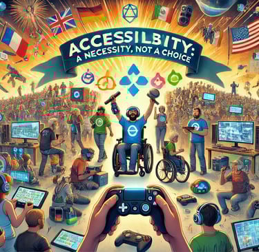 comunidade global celebrando a acessibilidade nos jogos, com ferramentas adaptadas e um banner desta