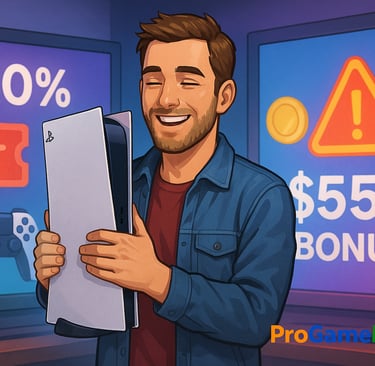 Homem sorridente segura um PS5 com telas digitais ao fundo mostrando descontos e bônus.