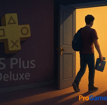 Jogador saindo de um quarto escuro com logo da PS Plus Deluxe, carregando jogos saindo pela porta.
