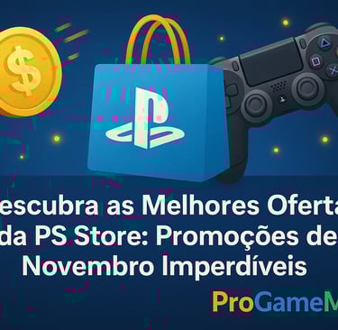 Ilustração horizontal com controle PS4 diante de efeitos luminosos e destaque para promoções da PS S