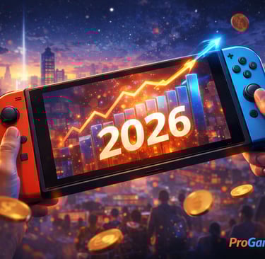 Console portátil exibindo 2026 com gráfico de crescimento e moedas flutuando