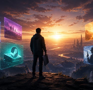 Jogador observa horizonte com painéis digitais sobre consoles e games.