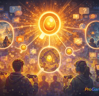 Ilustração mostrando Easter Eggs conectando jogadores, mundos virtuais e cultura gamer