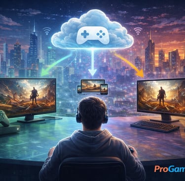 Ilustração do modelo híbrido dos jogos com integração entre console, PC e cloud gaming