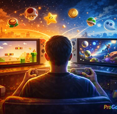 Jogador diante de telas com visual retrô e moderno em cenário noturno.