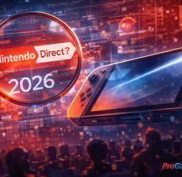 Lupa destaca “Nintendo Direct?” e “2026” ao lado de console portátil futurista