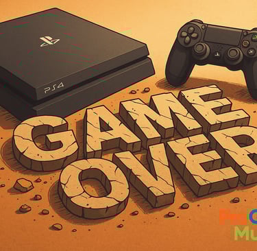 Console PS4 cercado por elementos futuristas desfocados, simbolizando o fim do suporte e a transição