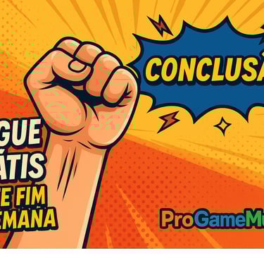 Ilustração estilo pop art com punho levantado e destaque para conclusão do artigo sobre jogos grátis