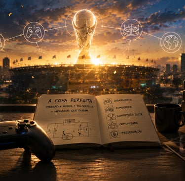 Controle, bola e caderno diante de estádio com troféu digital ao pôr do sol