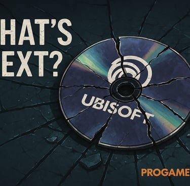 Disco da Ubisoft quebrado com a frase “What’s Next?” sobre fundo rachado.