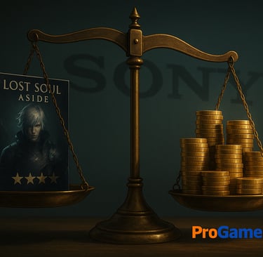 Balança com Lost Soul Aside de um lado e moedas do outro, representando desequilíbrio