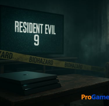PS4 em sala sombria; TV mostra “Resident Evil 9”; fita BIOHAZARD.