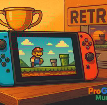 Nintendo Switch com jogo retrô ao lado de cartucho e troféu.
