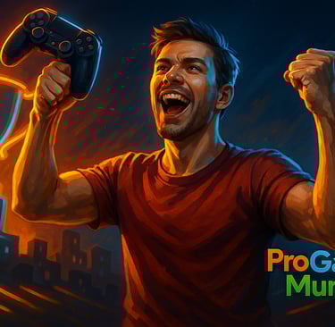 Jogador comemorando vitória com controle na mão e troféu iluminado ao fundo.