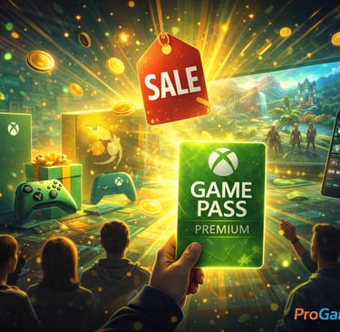 Cartão de Game Pass com ícone de campanha, console, celular e moedas ao fundo