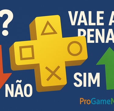 Logotipo da PS Plus entre as opções “Sim” e “Não”, simbolizando a dúvida sobre o valor da assinatura