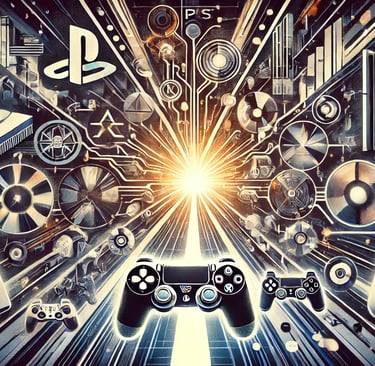 Uma linha do tempo abstrata destacando elementos icônicos das gerações PlayStation, com luzes 