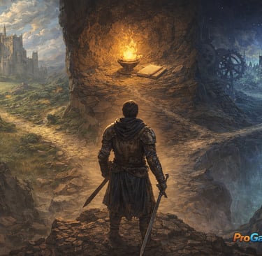 Personagem diante de múltiplos caminhos simbolizando o futuro e o legado dos jogos soulslike