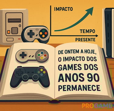 Livro com controles antigos e atuais e gráfico de impacto dos games dos anos 90.