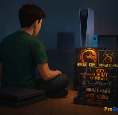 Jogador diante de um PS4 apagado, olhando para clássicos de Mortal Kombat enquanto PS5 e Nintendo.