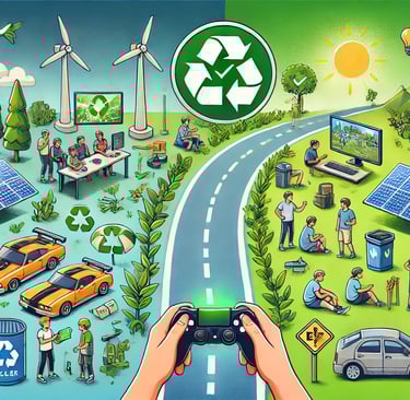 Ecosistema sustentável e uma estrada com marcos ecológicos conectados por um grande checkmark verde