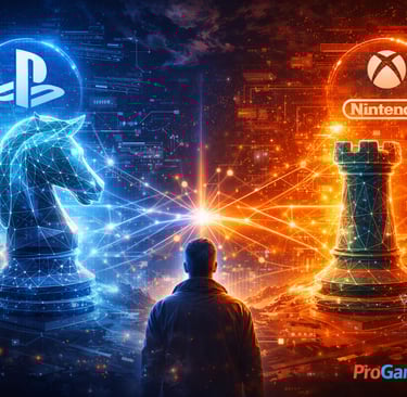 Peças de xadrez digitais simbolizam disputa estratégica no mercado gamer.