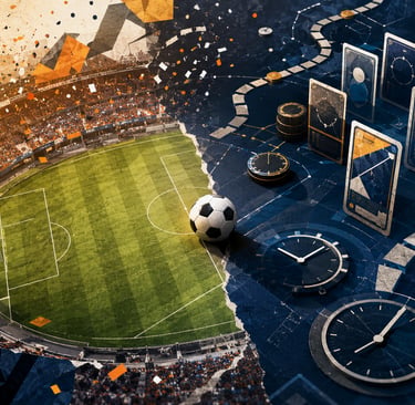 Estádio de futebol dividido entre celebração, cards, relógios e recompensas digitais.