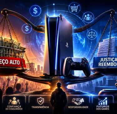 Balança simboliza disputa entre consumidores e justiça no mercado de consoles.