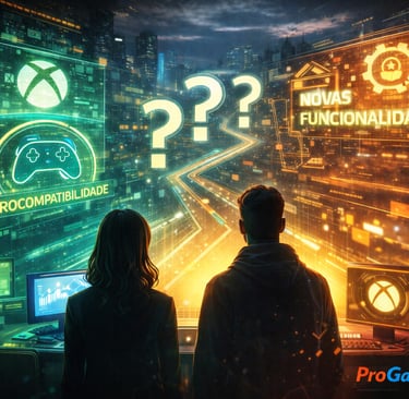 Duas pessoas observam painéis digitais sobre futuro, recursos e retrocompatibilidade.