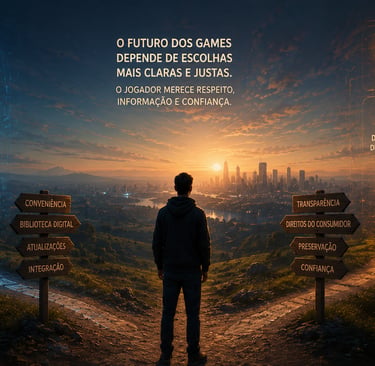 Jogador observa biblioteca digital com licença, cadeado e horizonte futurista.