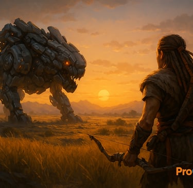 Caçador observa uma máquina gigante ao pôr do sol em cenário inspirado no universo Horizon.