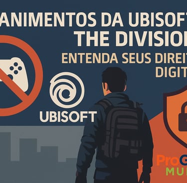 Jogador diante da tela com aviso de conta banida e cadeados digitais ao fundo.