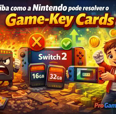 Nintendo Switch 2 com cartuchos de 16 GB e 32 GB simbolizando solução para Game-Key Cards.