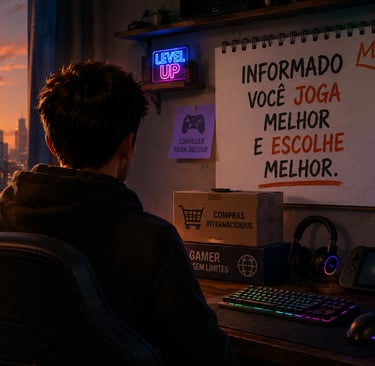 Jogador observa painel sobre impostos e compras internacionais.