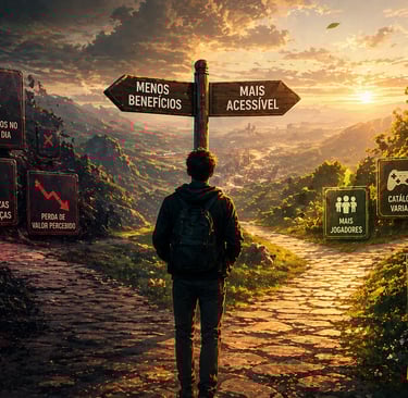 Jogador diante de caminhos sobre benefícios e perdas do Game Pass.