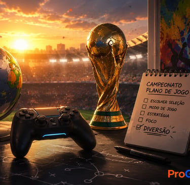 Controle, troféu, globo e plano de jogo diante de estádio ao pôr do sol